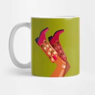 Woman legs with cowboy boots decorated with flowers. Cowgirl with cowboy boots. American western theme. Colorful vibrant vector illustration. Mug